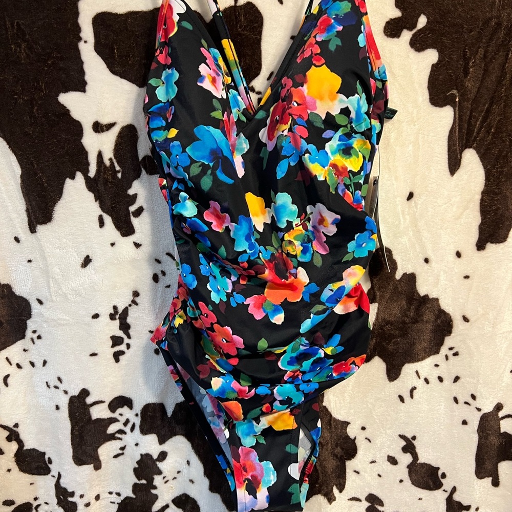 Aqua Green Black and Blue One Piece Swimsuit V-Neck